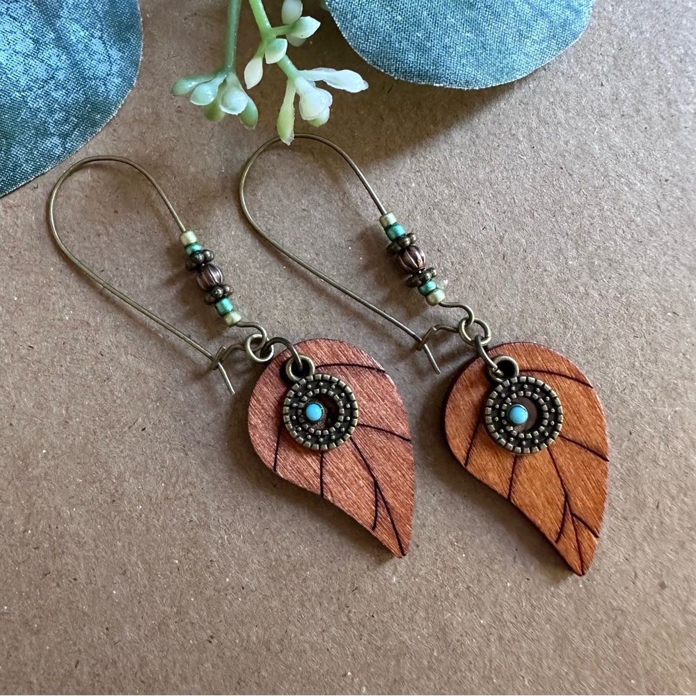 3/$25 Bohemian Wooden Leaf Design Earrings with Turquoise Accents